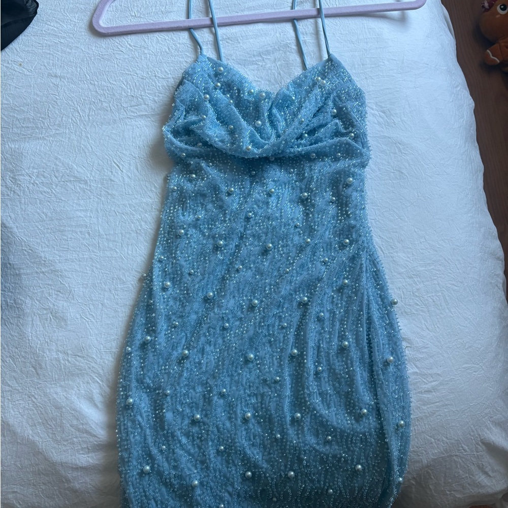 Oh Polly Light Blue Dress with Beaded Detail